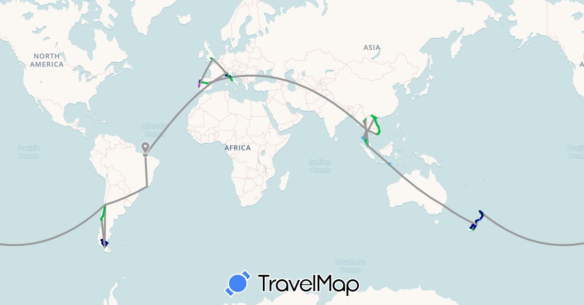TravelMap itinerary: driving, bus, plane, train, boat in Argentina, Australia, Brazil, Chile, Spain, United Kingdom, Indonesia, Italy, Malaysia, New Zealand, Portugal, Thailand, Vietnam (Asia, Europe, Oceania, South America)